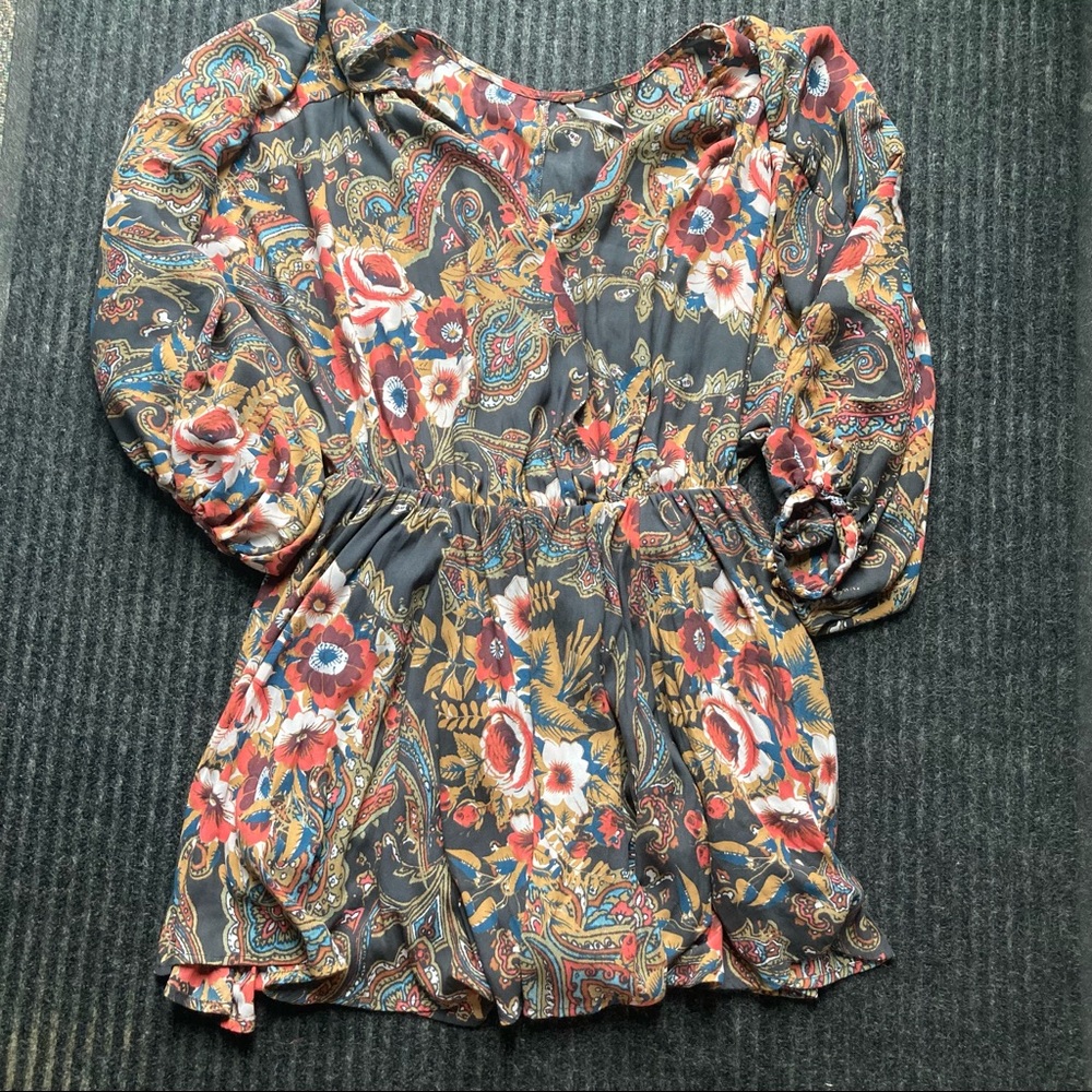 Free People Brown Floral Long sleeve mini dress S